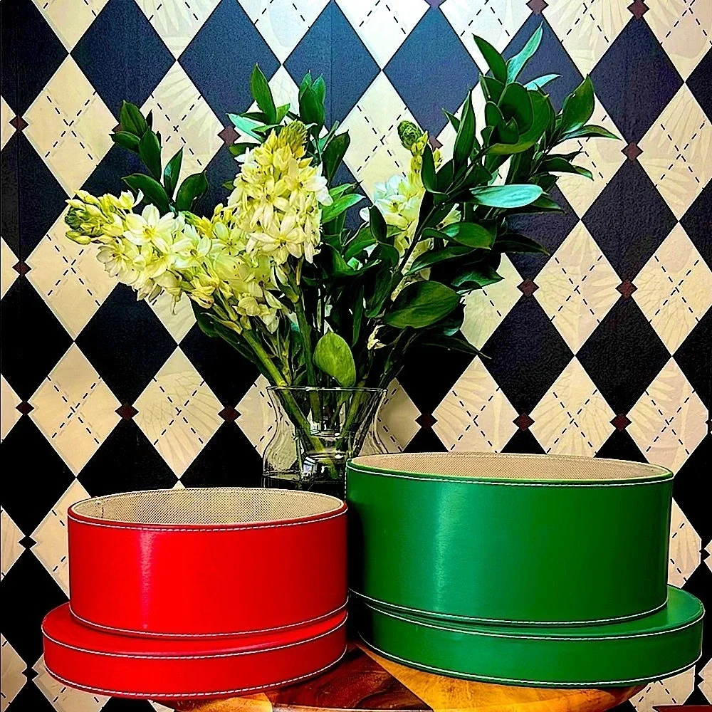 Nesting Leather Boxes Set of 2 – Red & Green – Cylindrical Storage -‎ Large